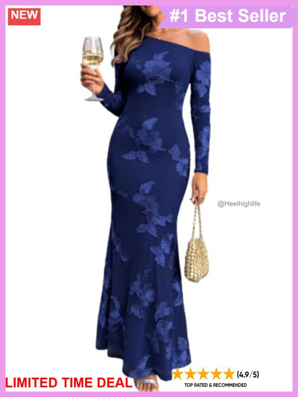 One Shoulder Long Sleeve Floral Maxi Wedding Guest Formal Bodycon Dress